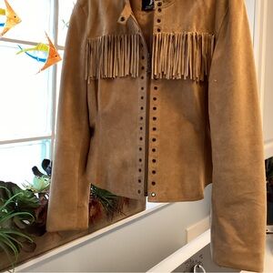 Very cute JALO, Jennifer Lopez, fringed suede jacket, size 6-8, light brown.